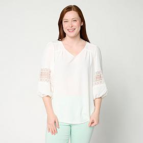 Nina Leonard Textured Wave Balloon Sleeve V-Neck Top