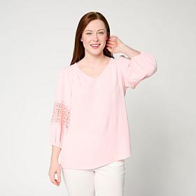 Nina Leonard Textured Wave Balloon Sleeve V-Neck Top
