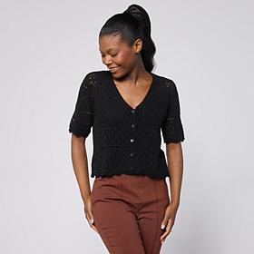Nina Leonard V-Neck Button-Front Crochet Bolero