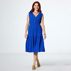 Nina Leonard V-Neck Smocked Waist Pebble Tiered Dress