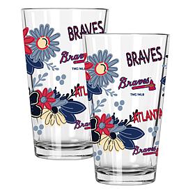 Official MLB Flower-Design & Logo 16 oz. Pint Glass 2pk-Atlanta Braves