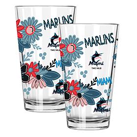 Official MLB Flower-Design & Logo 16oz Pint Glass 2pk - Miami Marlins
