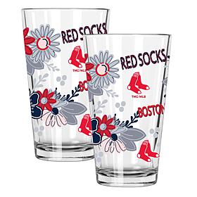 Official MLB Flower-Design & Logo 16oz Pint Glass 2pk - Boston Red Sox