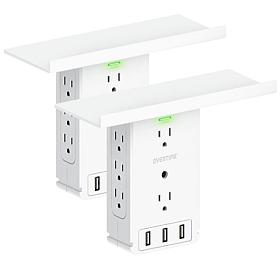 Overtime Outlet Shelf w/8 Sockets, 3 USB Ports & Surge Protection 2-pk