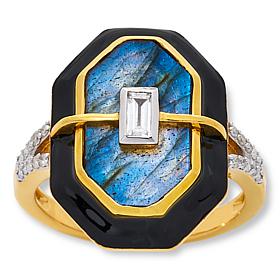 Rarities Gold-Plated Zircon, Diamond and Gemstone Black Enamel Ring