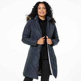 Sporto® Daisy Water-Resistant Quilted Long Coat with Removable Hood