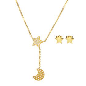 Stately Steel Moon Star CZ Necklace and Earrings 