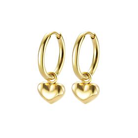 Stately Steel Puff Heart Charm Huggie Earrings