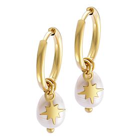 Stately Steel Star Faux Pearl Charm Hoop Earrings