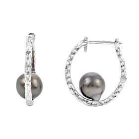 Sterling Silver 7-8mm Cultured Tahitian Pearl Oval Hoop Earrings