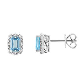 Sterling Silver Emerald-Cut Gemstone and Diamond Accent Stud Earrings