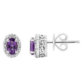 Sterling Silver Oval-Cut Gemstone and Diamond Accent Stud Earrings