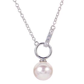 Sterling Silver Pearl and Created White Sapphire Circle Drop Necklace