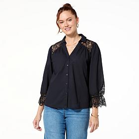 TWRHLL by Christie Brinkley Lace Sleeve Button-Down Top