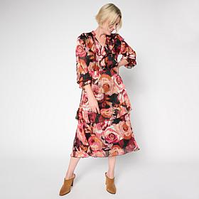 TWRHLL by Christie Brinkley Ruffled Chiffon Midi Dress