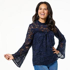 TWRHLL by Christie Brinkley Sequined Lace Bell Sleeve Blouse