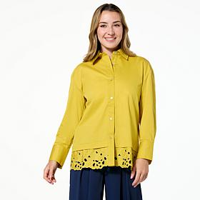 WynneCollection Cotton-Blend Poplin Top with Lace Hem
