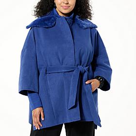 WynneCollection Faux Fur Collar Button-Front Drama Poncho