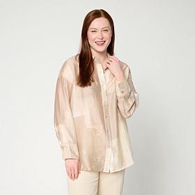 WynneCollection Printed Woven Long-Sleeve Collared Shirt