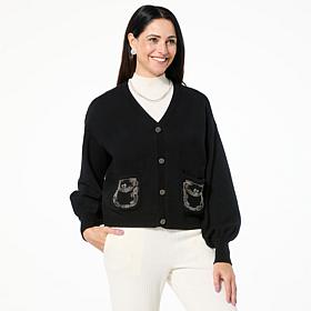 WynneCollection Sweater Knit Cardigan with Beaded Pockets