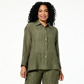 WynneCollection Textured Crinkle Button-Down Shirt
