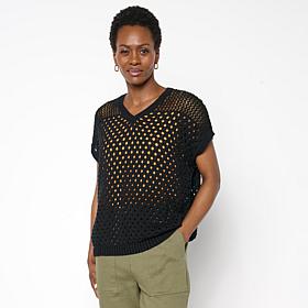 WynneLayers Cap-Sleeve Open-Stitch V-Neck Sweater