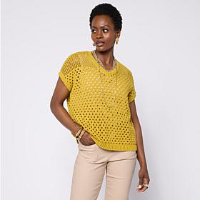 WynneLayers Cap-Sleeve Open-Stitch V-Neck Sweater