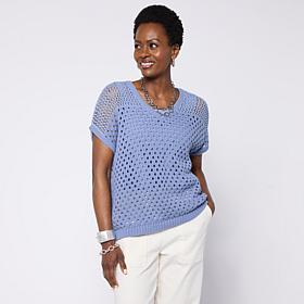 WynneLayers Cap-Sleeve Open-Stitch V-Neck Sweater