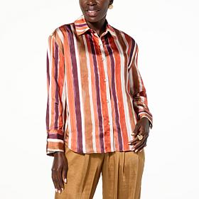 WynneLayers Printed Satin Button-Down Shirt with Cuff Detail