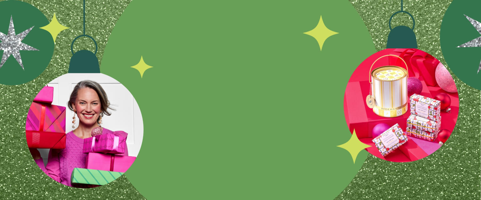 Ornaments with gifts in them on a green background