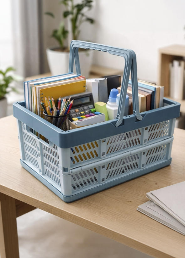 Art supplies in a hand basket